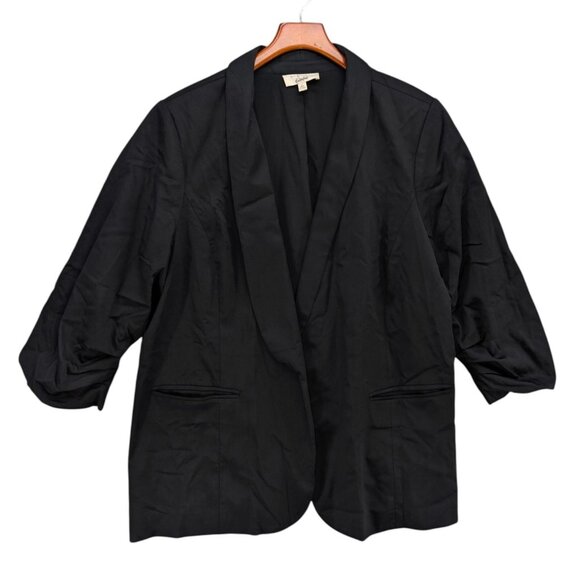 Eloquii Ruched 3/4 Sleeve Blazer Womens Black Open Front Shawl Collar Size 22 - Picture 1 of 15